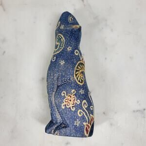 VTG Wooden Cat Shelf Sitter 6" Blue Hand Made Carved Painted Paisley Floral